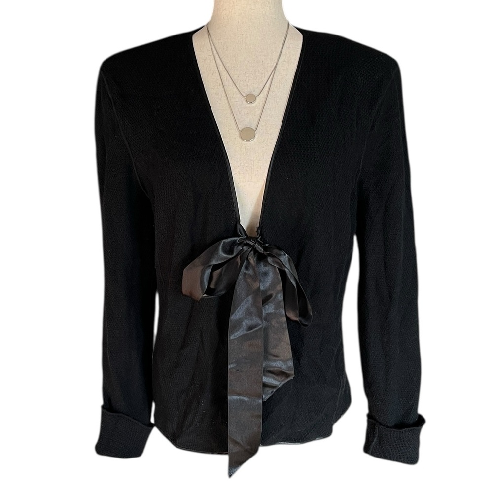 Vintage Armani Collezioni black wrap-style cardigan with a satin tie